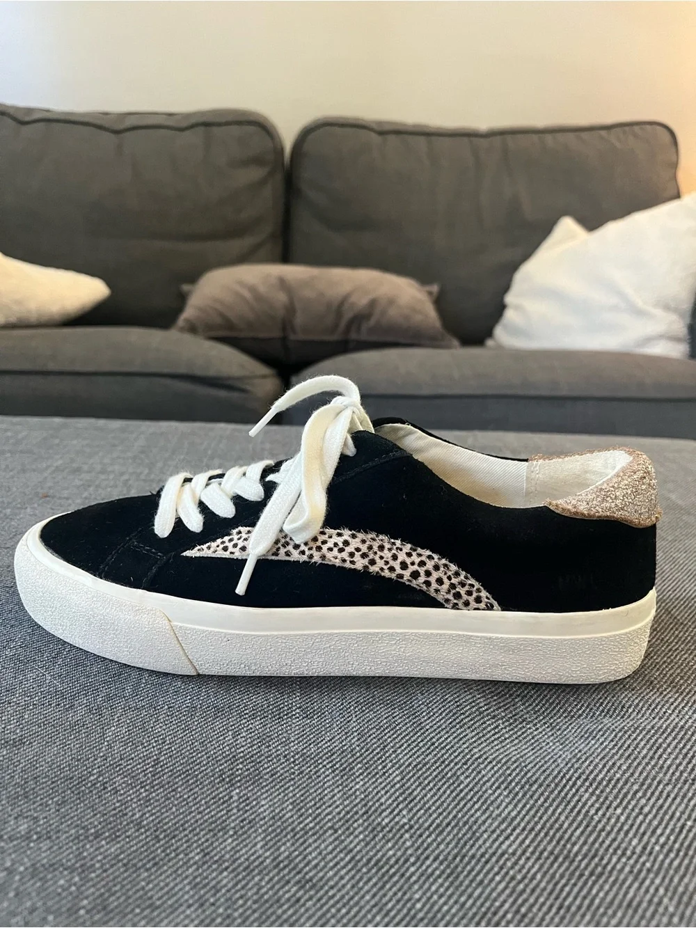 Madewell Sidewalk Low-Top Sneakers in black suede with a cheetah-spot calf hair